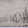 Dorp aan het water, penseel tekening