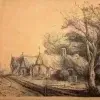 Landschap met 3 boerderijen langs een weg